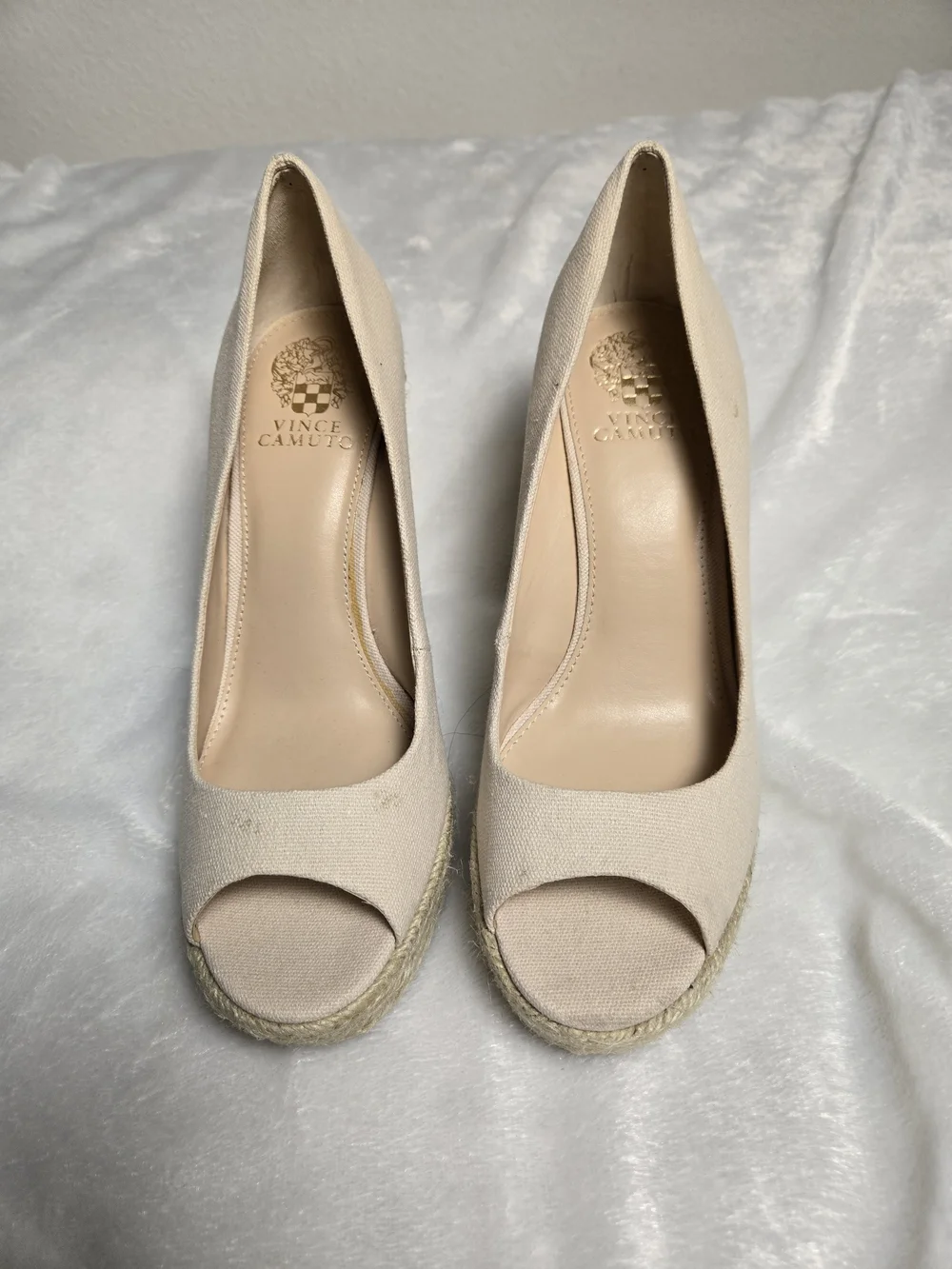 Vince Camuto Cream Canvas Peep-Toe Espadrille Wedges